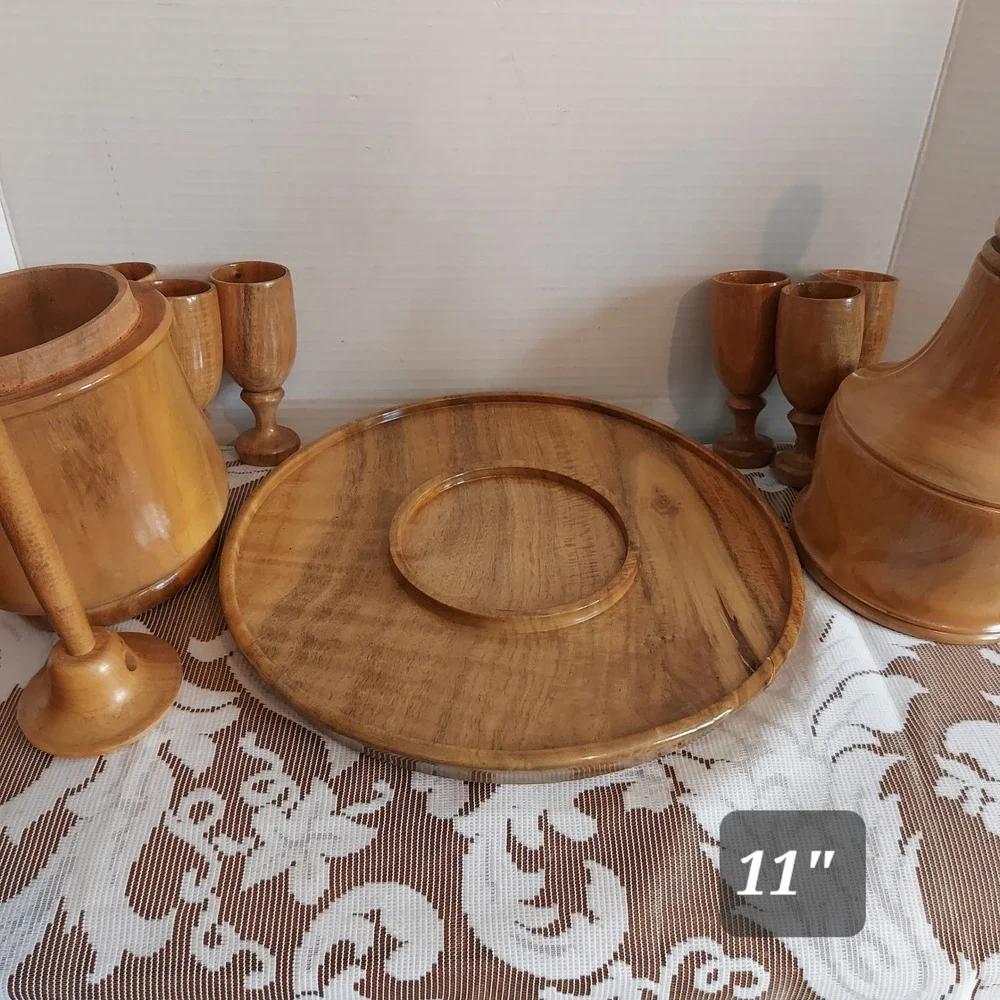 Vintage Hand Turned Wood Decanter Set 6 Goblets Tray Mid Century Modern Barware